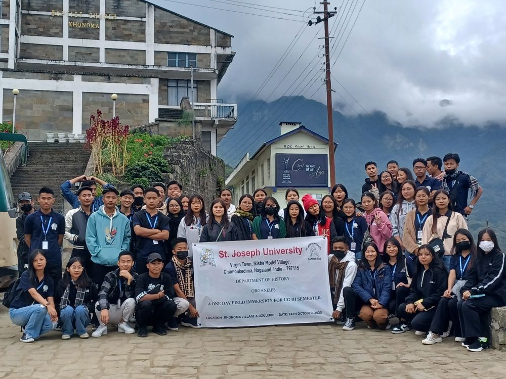 The Department of History St Joseph University conducted field immersion for the UG III semester students on October 24. The coordinators were Dr Avinuo Chupuo, Hod, Department of History, and V Shinatoli Shohe, Assistant Professor, Department of History, SJU. Altogether 63 students participated in the educational trip to Khonoma village, the first green village in India.
